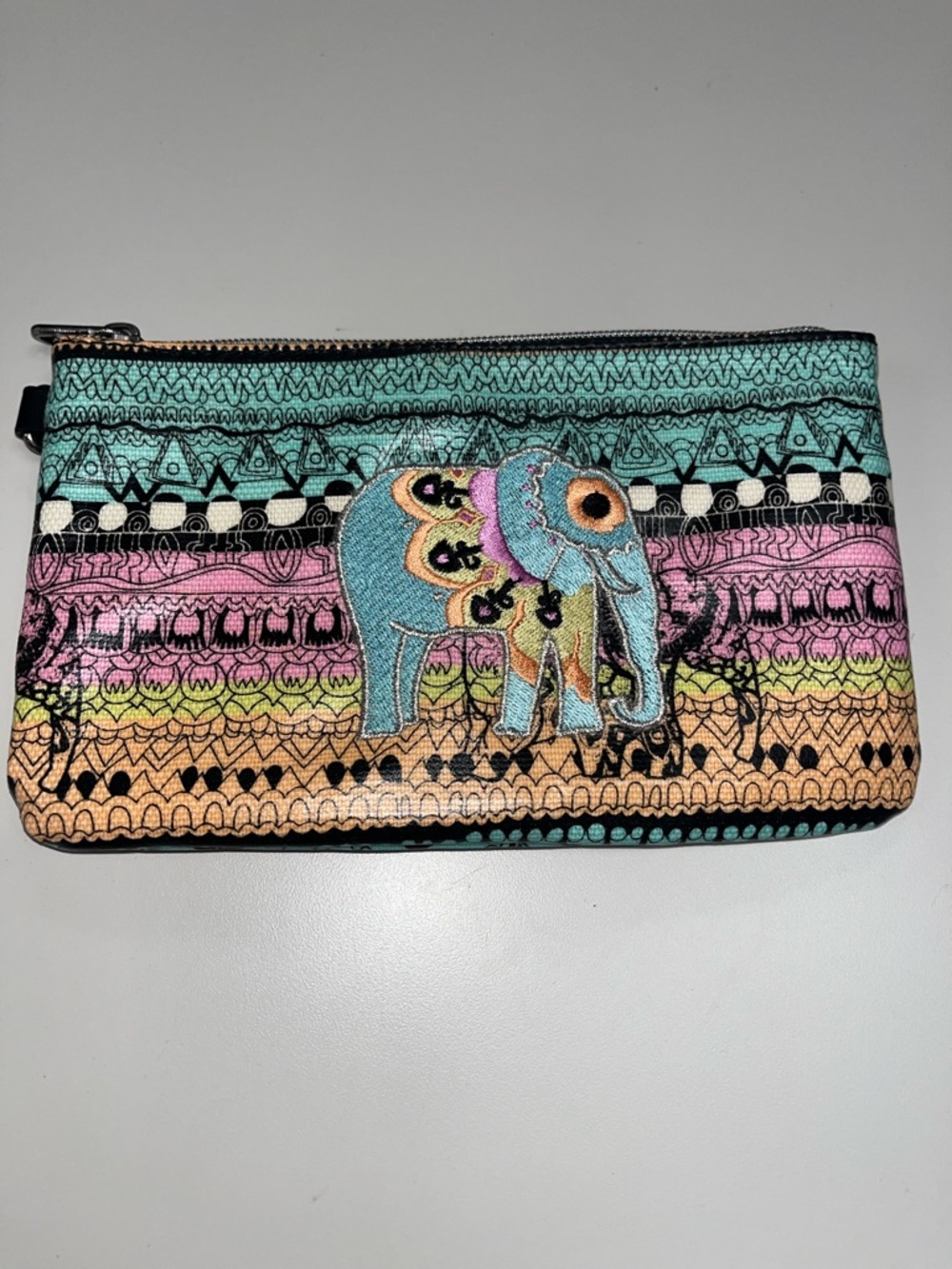 Sakroots Teal Pink Peach Stripe Embroidered Elephant Wallet/ pouch